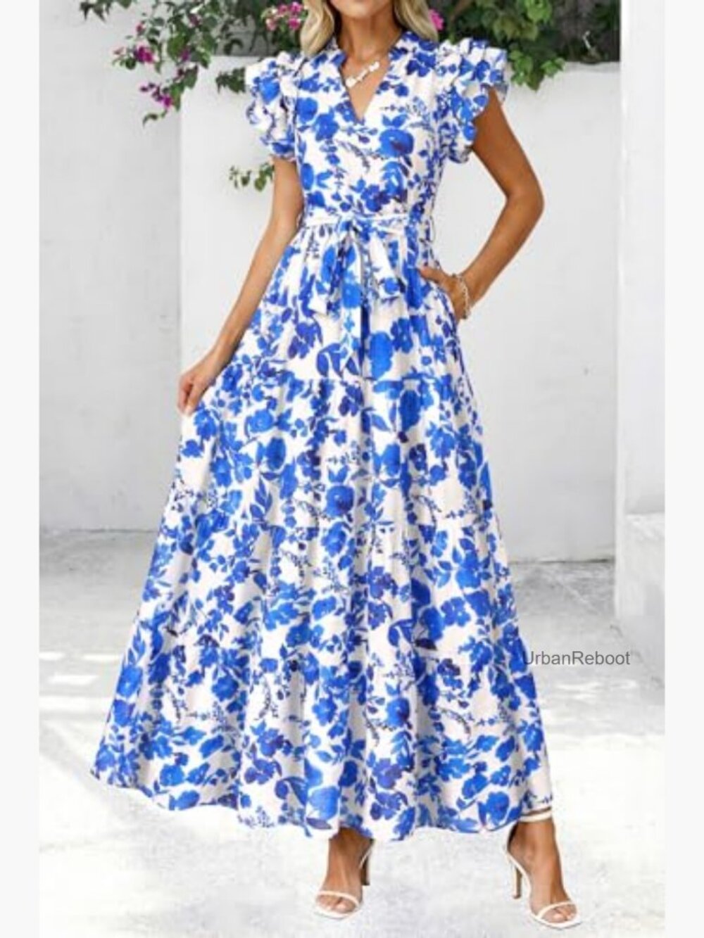 Maxi Dress with Pockets, Ruffle Sleeve, V Neck, Tiered - Picture 5 of 7